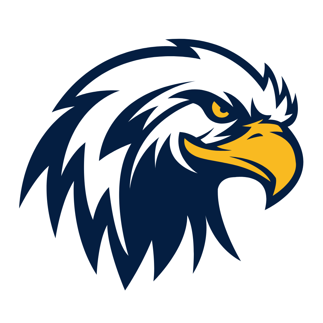 A blue and yellow eagle head with a yellow beak on a white background.