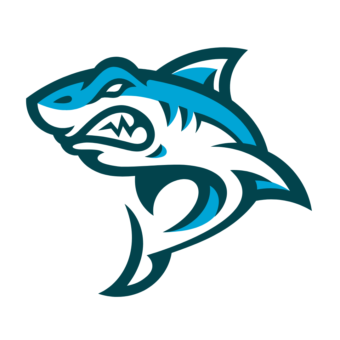A blue and white shark with sharp teeth is jumping in the air.