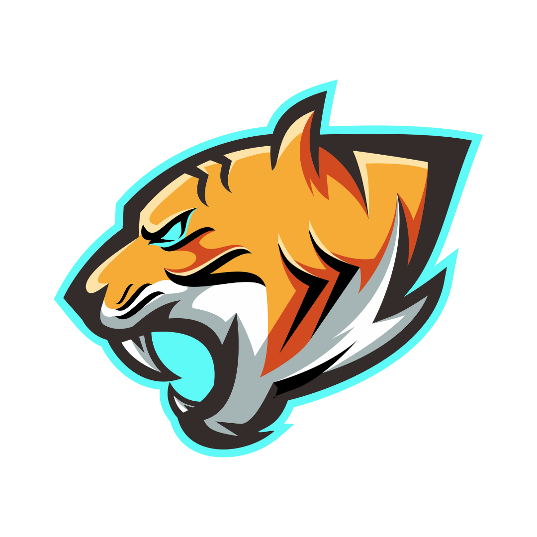 A tiger 's head with a blue eye on a white background.