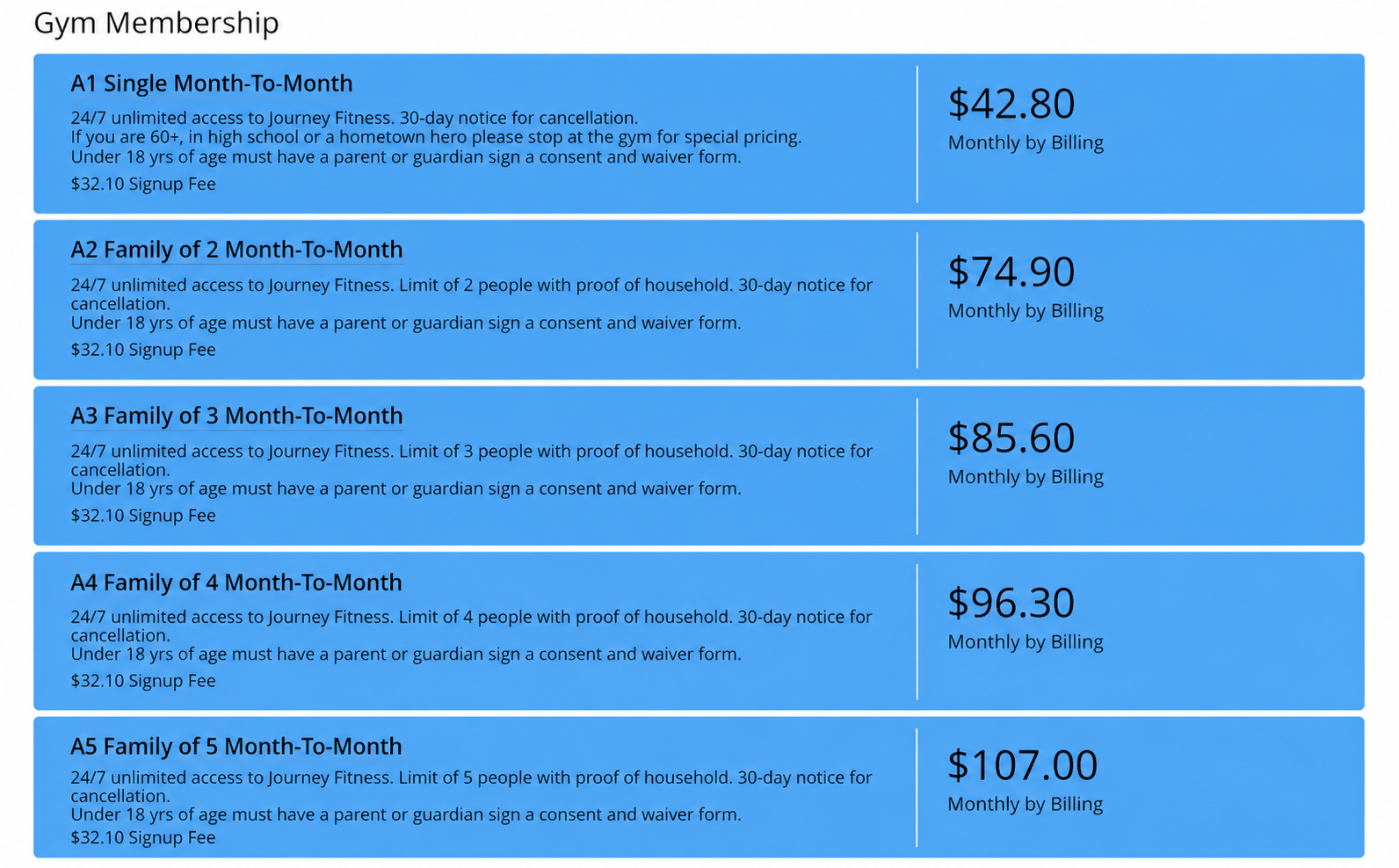 A screenshot of a membership page for gym memberships