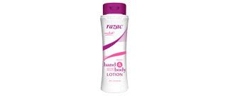 Bottle of Rizac hand and body lotion with purple accents.