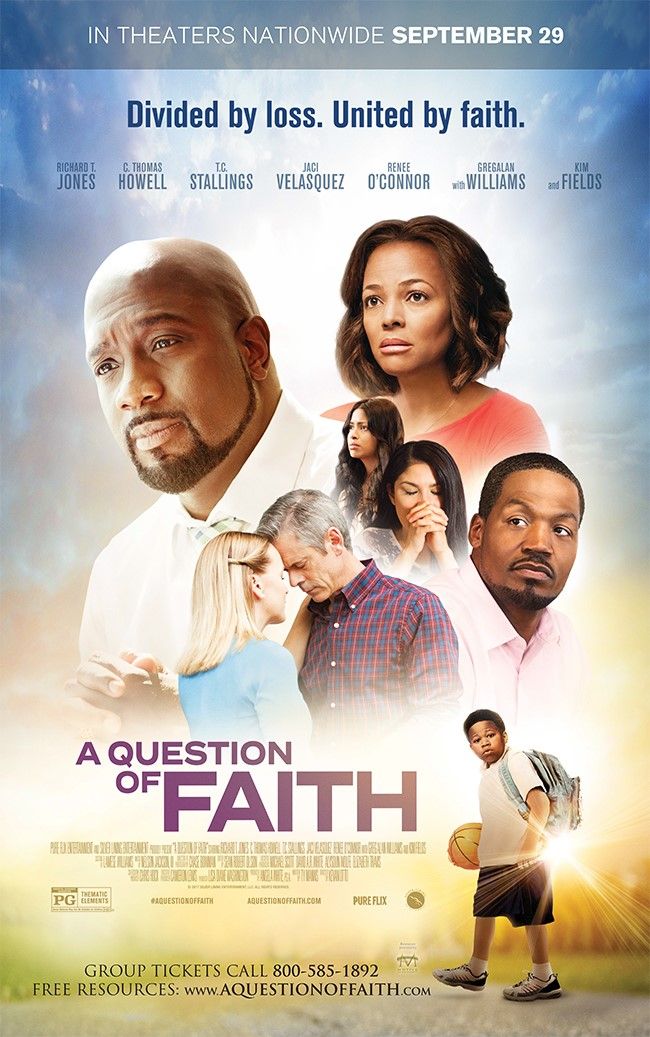 Movie poster: Group of people with serious expressions. Text 