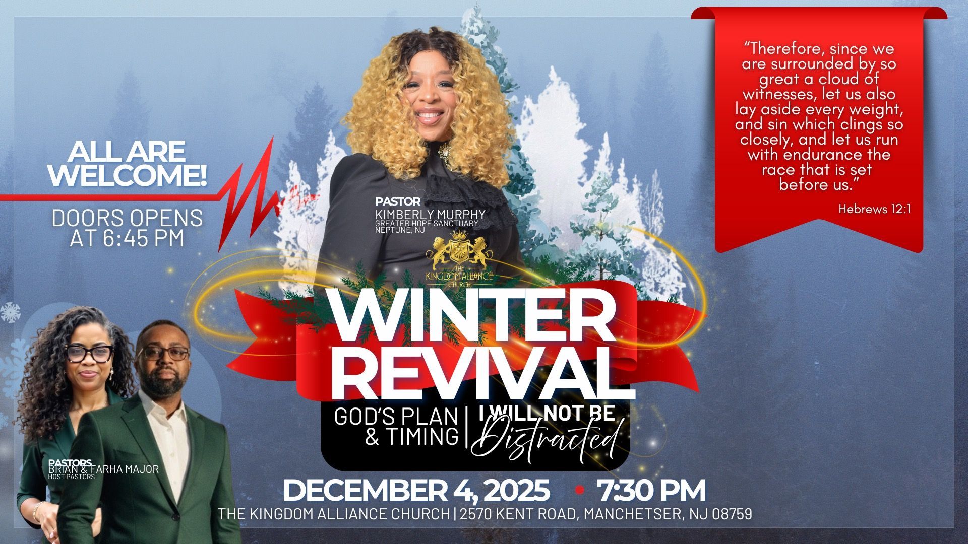 Promotional graphic for a Winter Revival event, with people and text over a winter background.