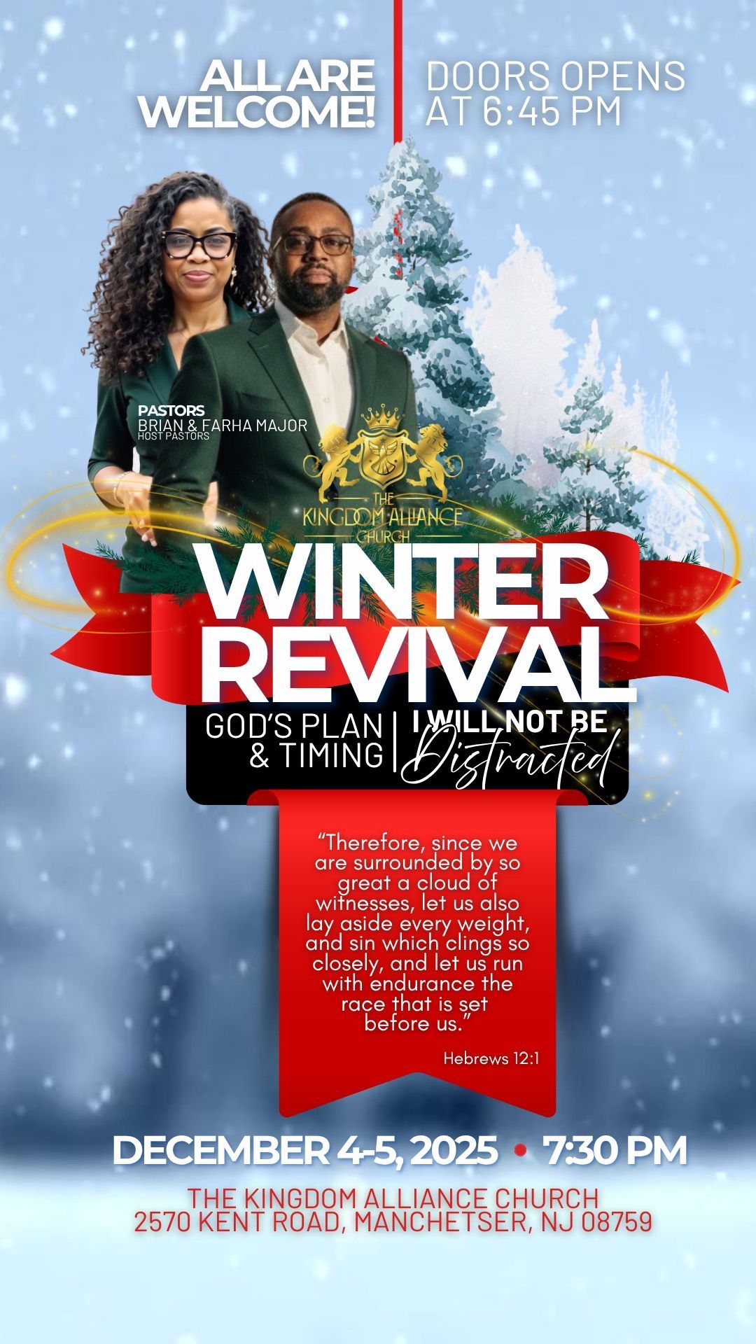 Winter Revival flyer with couple, Christmas tree, red ribbon. December 4-5, 2025 at 7:30 PM. The Kingdom Alliance Church.