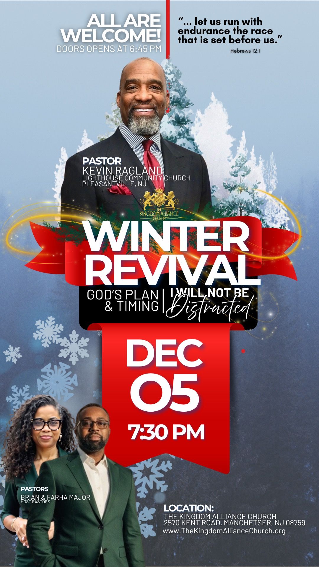 Promotional flyer for a Winter Revival event, featuring a pastor and couple. Text includes date and time.