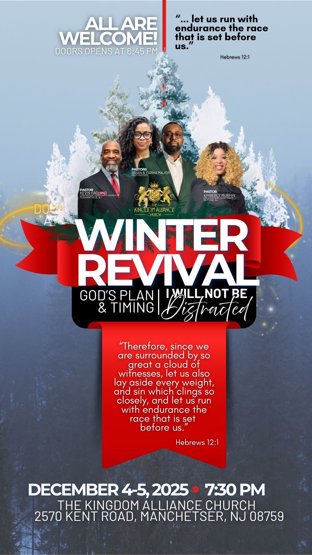 Winter revival event flyer, featuring people in front of a Christmas tree with text and dates.