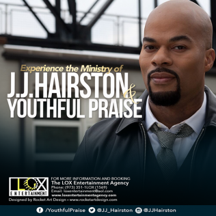 Advertisement for J.J. Hairston & Youthful Praise. Man in a suit jacket, in front of a building. Text and logos.