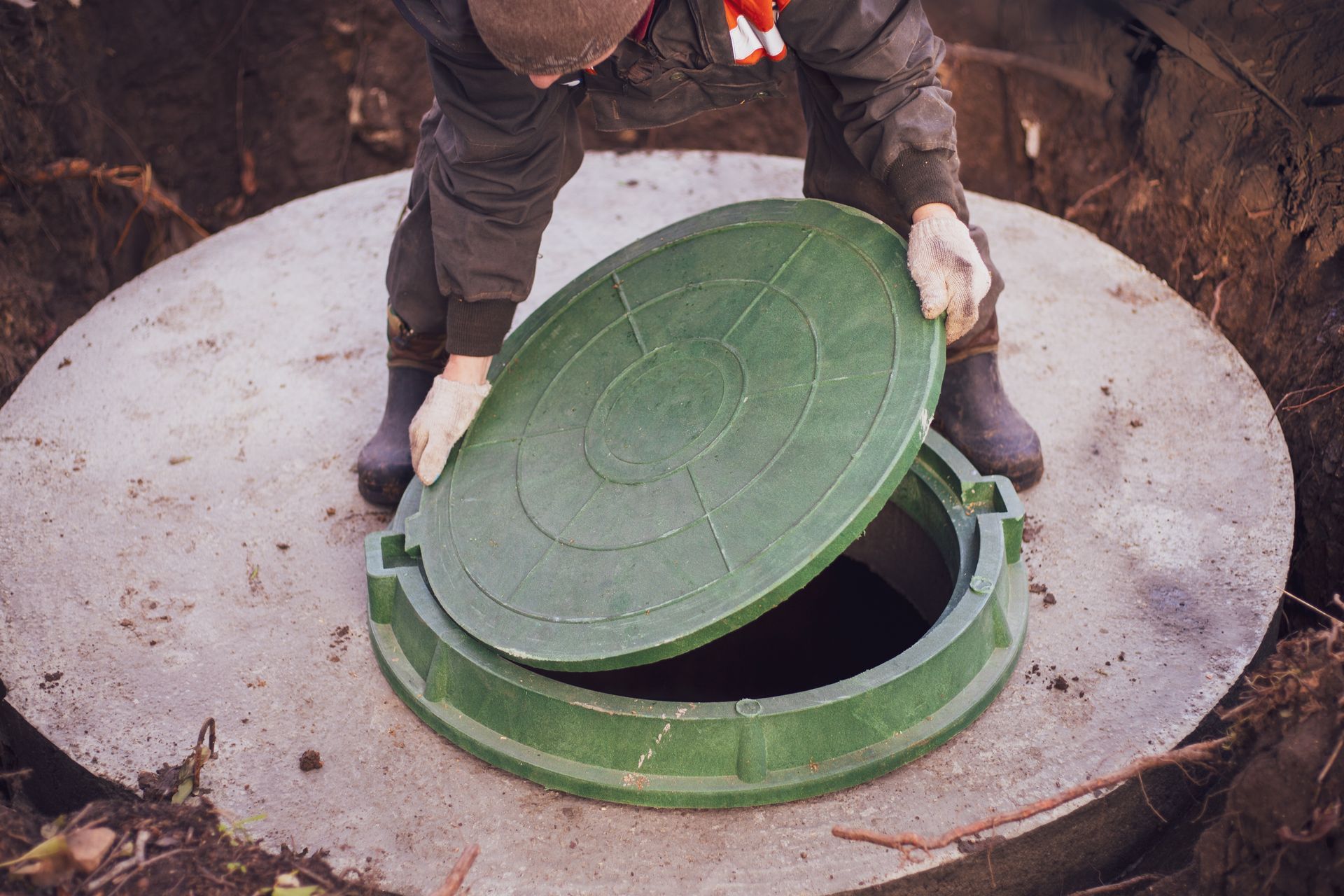 Worker lifting green manhole cover on concrete utility access opening