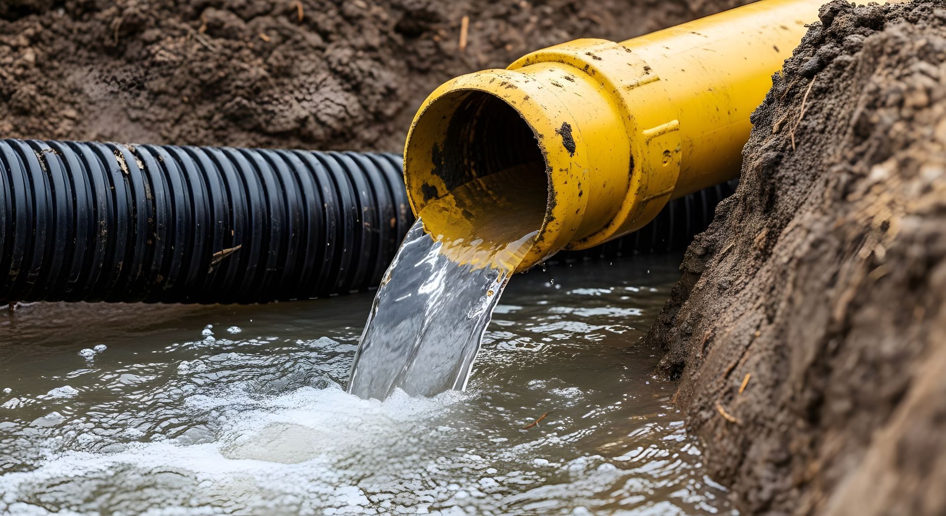 Septic pumping service removing wastewater through yellow pipe into trench with soil and drainage. Septic pumping service removing wastewater through yellow pipe into trench with soil and drainage.
