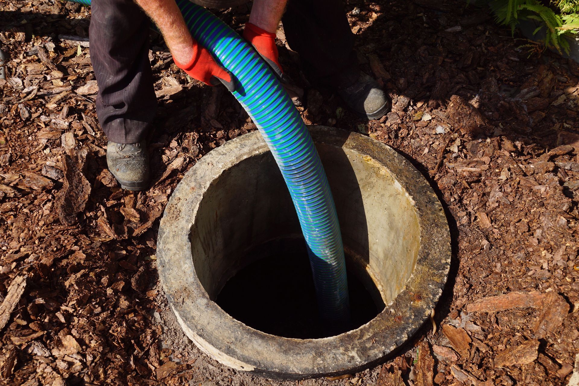 Worker inserting hose into septic tank for professional septic tank pumping service. Worker inserting hose into septic tank for professional septic tank pumping service.