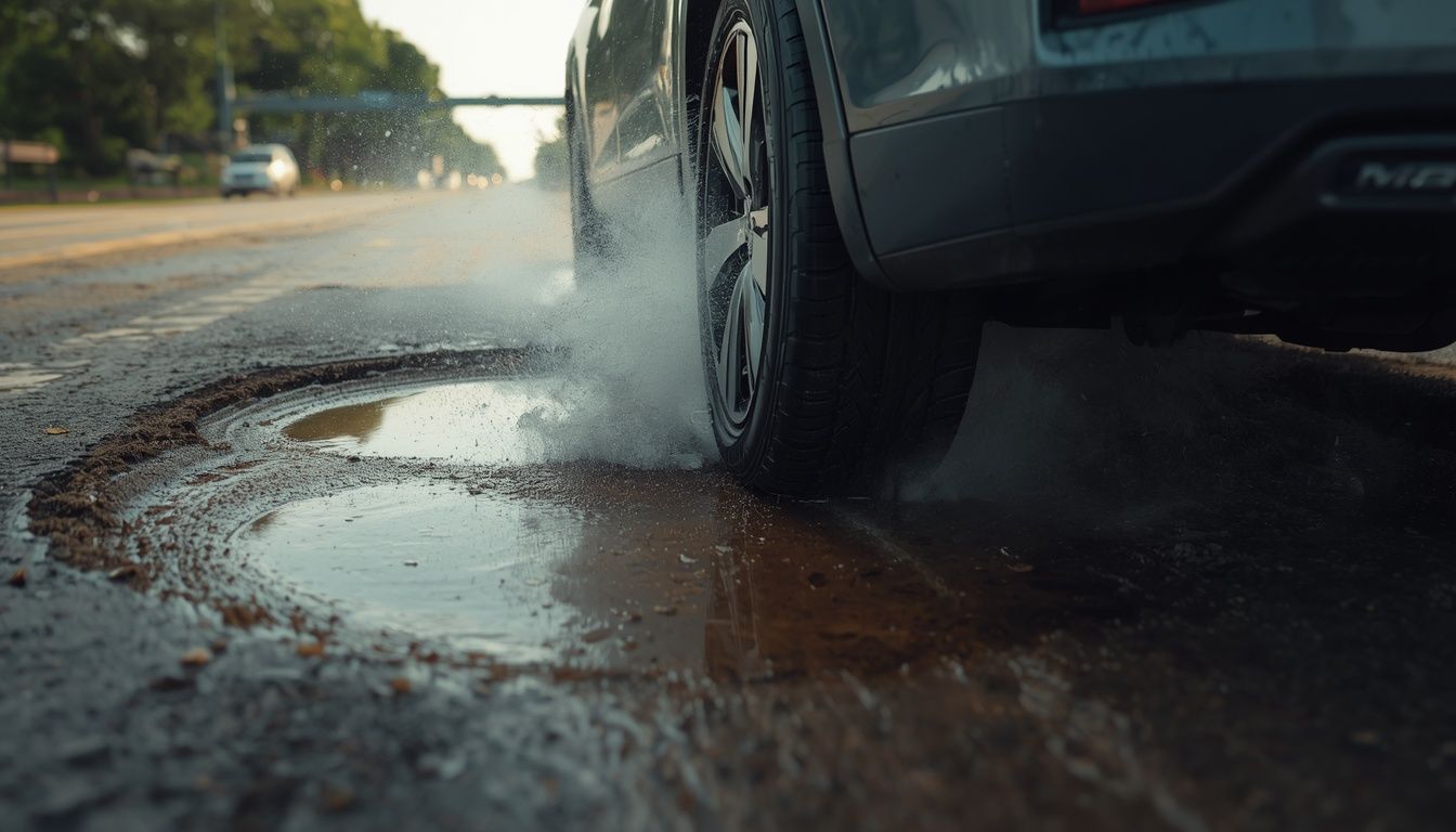 Car hitting a pothole on a Texas road causing tire impact and potential wheel alignment