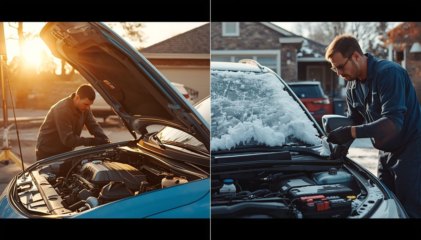 Split image showing summer and winter car care in Keller TX with mechanic inspecting