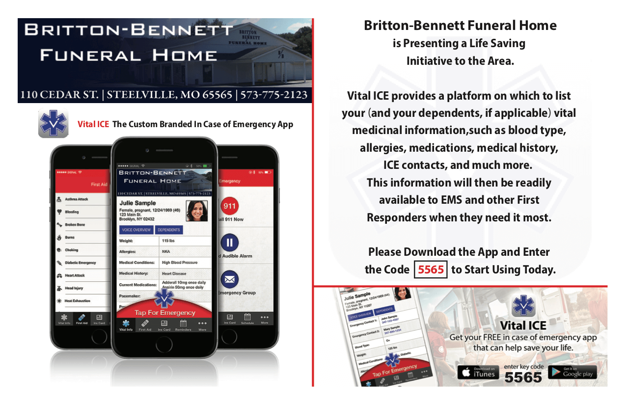 Britton-Bennett Funeral Home website mockup on phones, with storefront and service details in black, red, and white