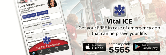 VitalICE app ad with emergency card preview, download icons, and phone number 5655 on a blue-gray background