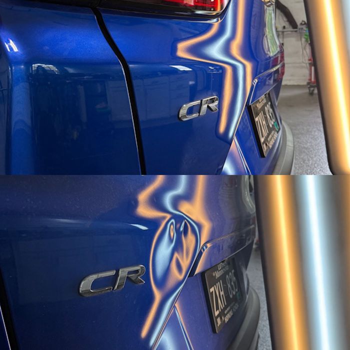 Before-and-after comparison of a blue car's tail panel, showing the successful repair of a dent near the CR badge.