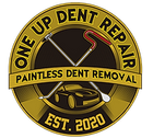 A gold and black logo for One Up Dent Repair featuring two crossed PDR tools over a car, with text including Est. 2020.