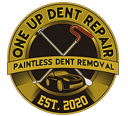 A gold and black logo for One Up Dent Repair featuring two crossed PDR tools over a car, with text including Est. 2020.