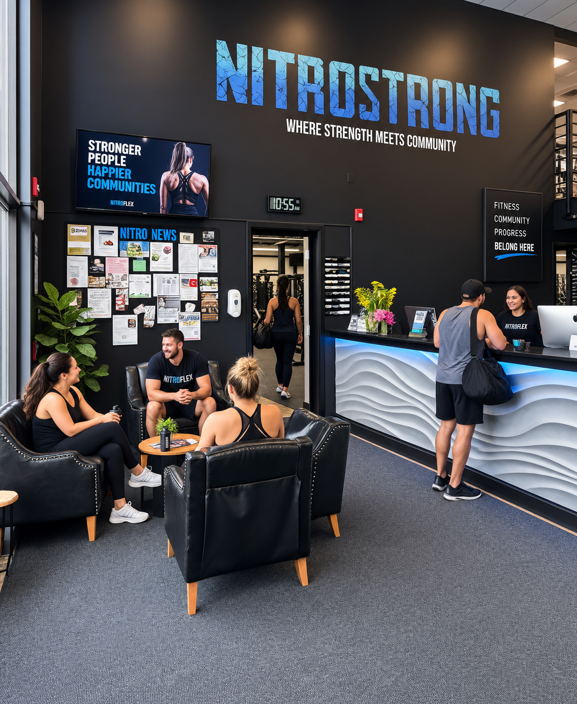 NitroStrong trade show booth with people seated on black couches and staff at the counter