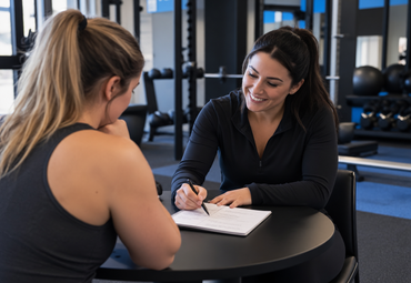 Two people talking at a table in a gym, one writing in a notebook while the other listens.