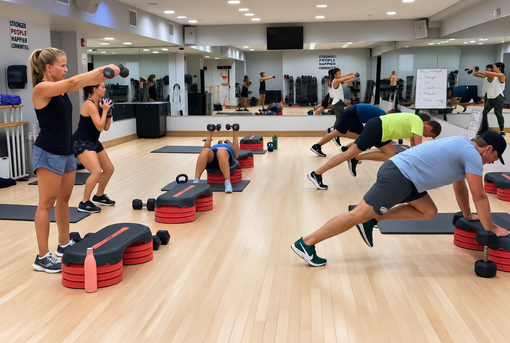 People exercising on step platforms in a bright fitness studio