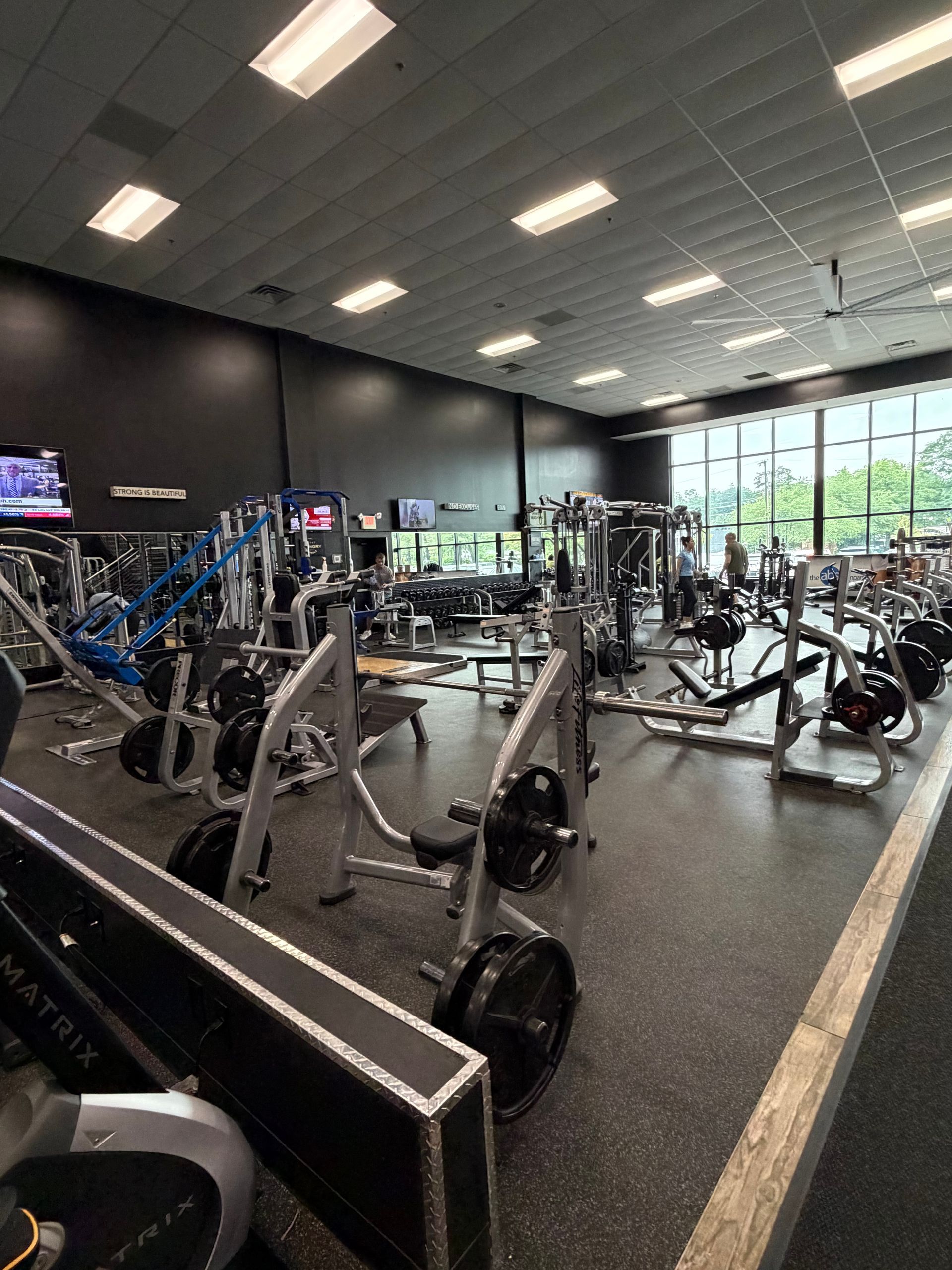 Modern gym interior with exercise machines, free weights, and large windows letting in natural light