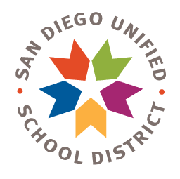 Logo for San Diego Unified School District featuring a colorful, six-pointed star graphic inside circular text.