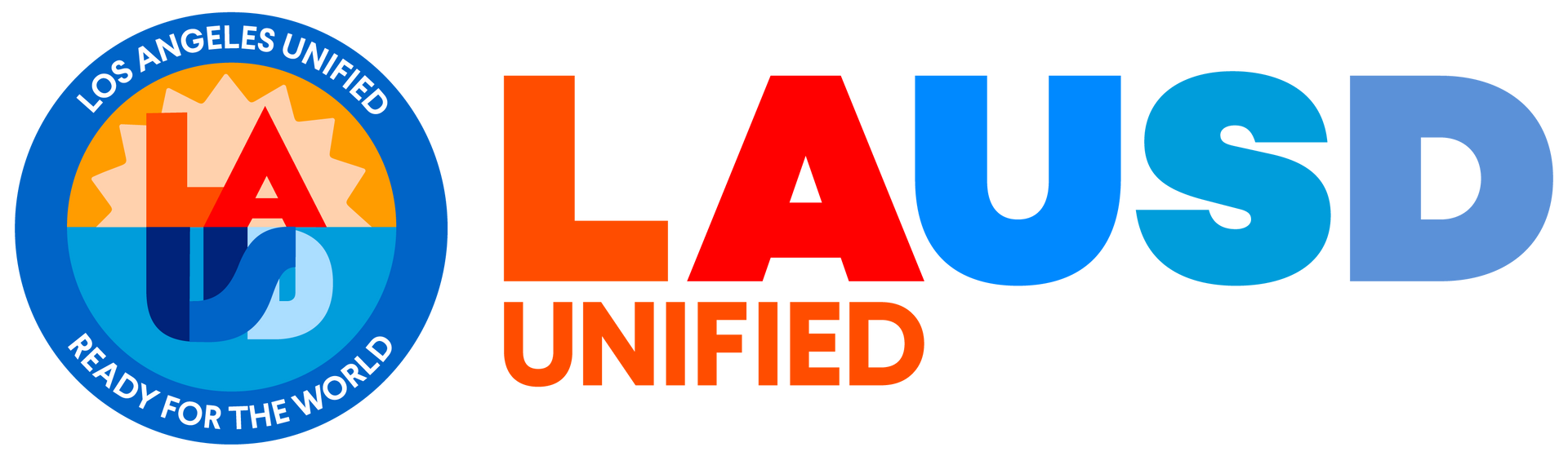 The LAUSD logo, featuring a circular emblem with a stylized sunset and the text "LAUSD UNIFIED" in orange and blue.