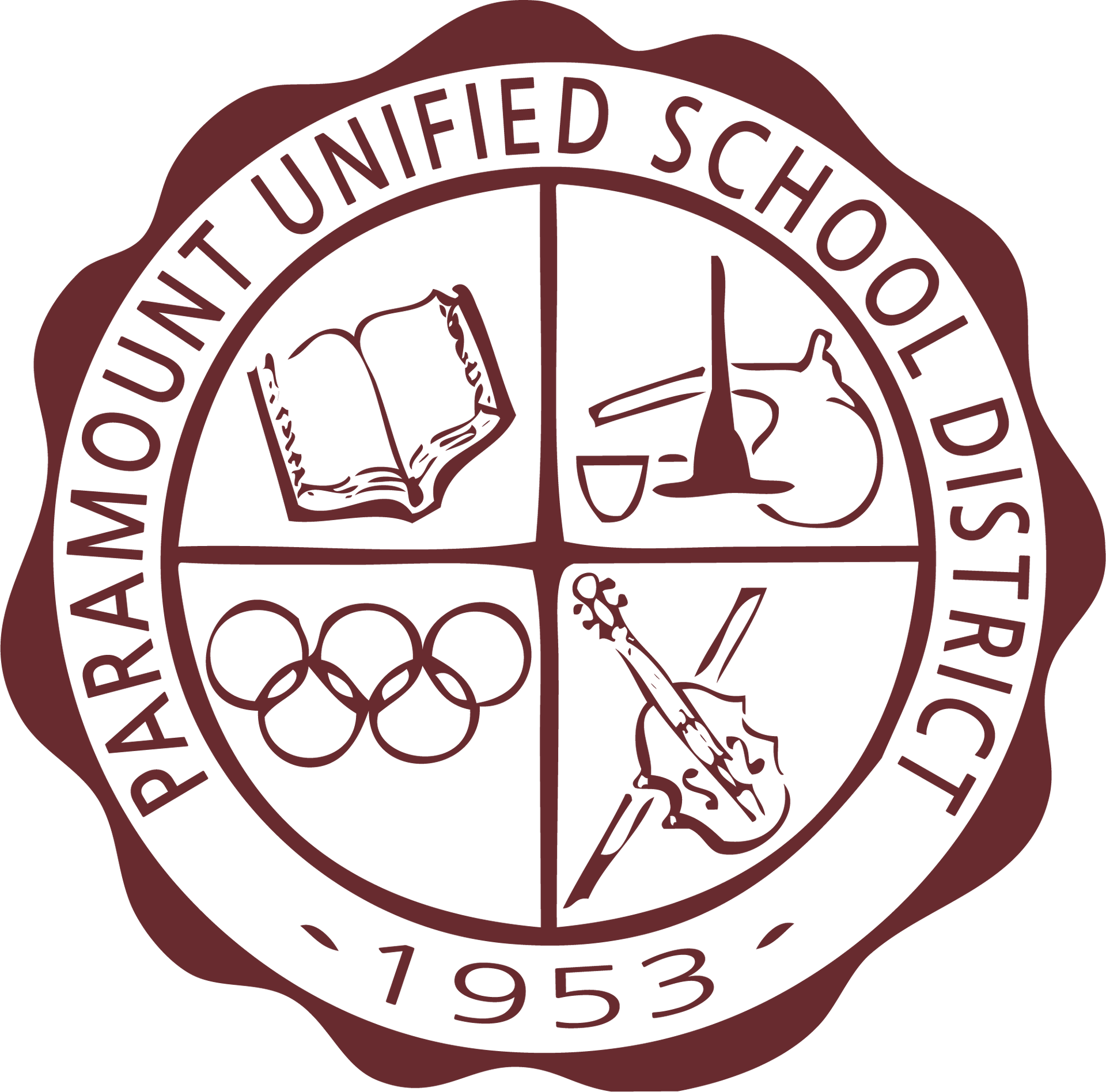 The maroon and white Paramount Unified School District logo with four icons representing education, science, sports, and art.
