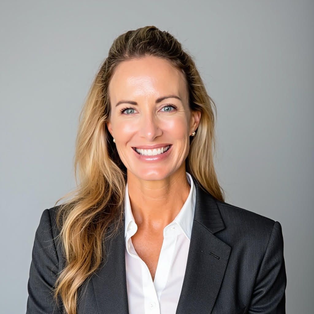 Smiling professional in a dark blazer and white shirt against a gray background