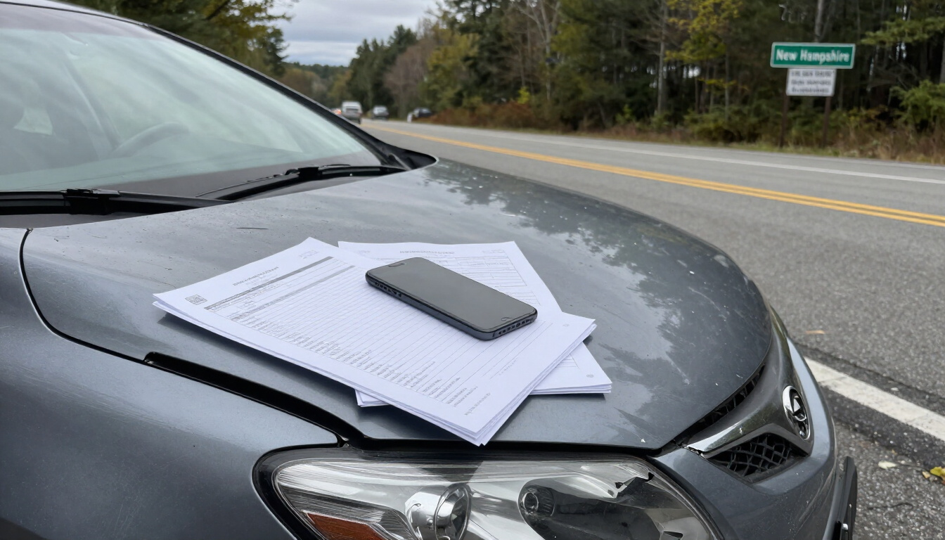 Photorealistic New Hampshire car accident scene with a smartphone, medical paperwork, and vehicle damage