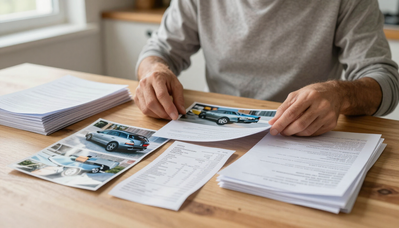Photorealistic close-up of a person organizing accident photos, receipts, and medical records at a kitchen table