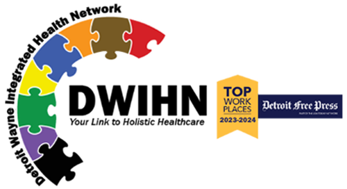 DWIHN logo with puzzle pieces and Detroit Free Press award for Top Workplaces 2023-2024.