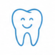 Icona di un dente sorridente con contorno blu su sfondo bianco.