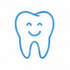Icona di un dente sorridente con contorno blu su sfondo bianco.