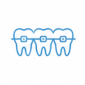 Icone di apparecchi ortodontici blu su tre denti
