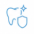 Contorno blu di un dente con uno scudo e un luccichio, a simboleggiare la protezione e la pulizia dentale.
