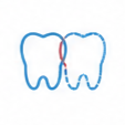 Due denti blu stilizzati, contornati di rosso, su sfondo bianco.
