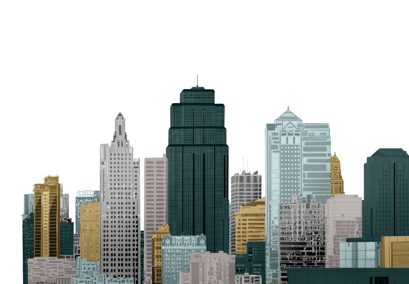 Colored line drawing of the Kansas City skyline