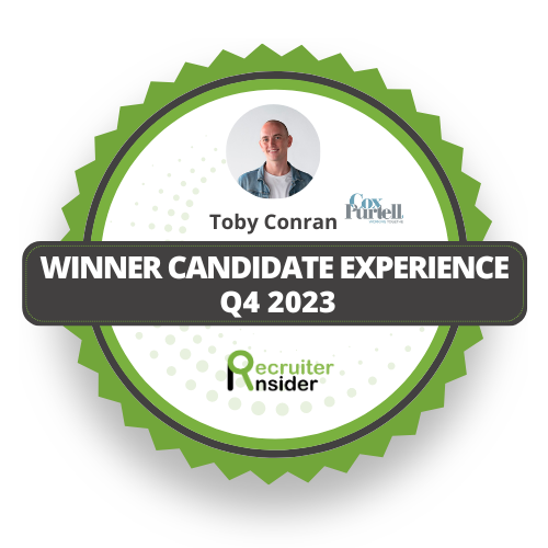 Recruiter insider logo of winner candidate experience q4 2023 -toby conran