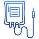 A blue line drawing of a bag with a cord attached to it.
