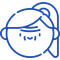 A blue line drawing of a girl 's face with a ponytail.