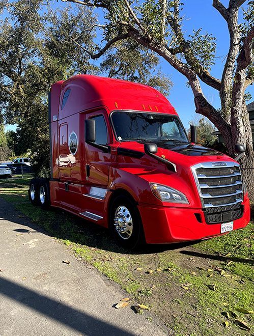 A red semi truck is parked on the side of the road next to a tree.