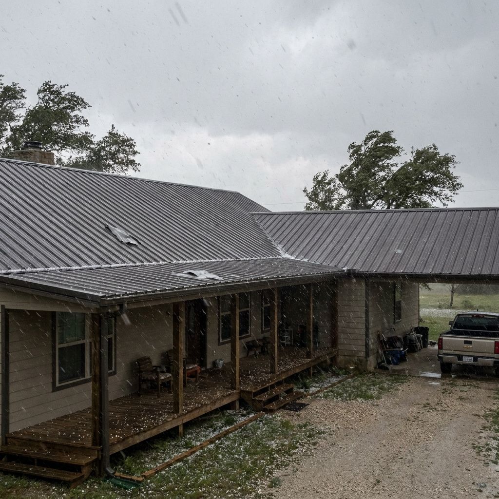Rain falling on a farmhouse-style porch and gravel driveway, with a pickup truck parked under a metal roof.
