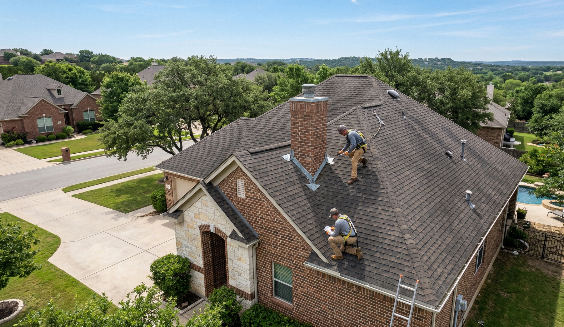 Two roofers work on the shingled roof of a brick house with a chimney on a sunny day.