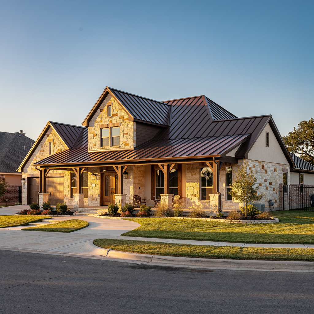 Single-story stone house with a dark metal roof and front porch at sunset