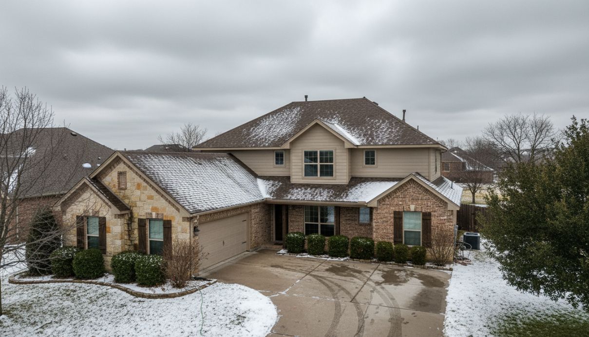 residential home in North Texas after a winter snowstorm, showing light snow accumulation