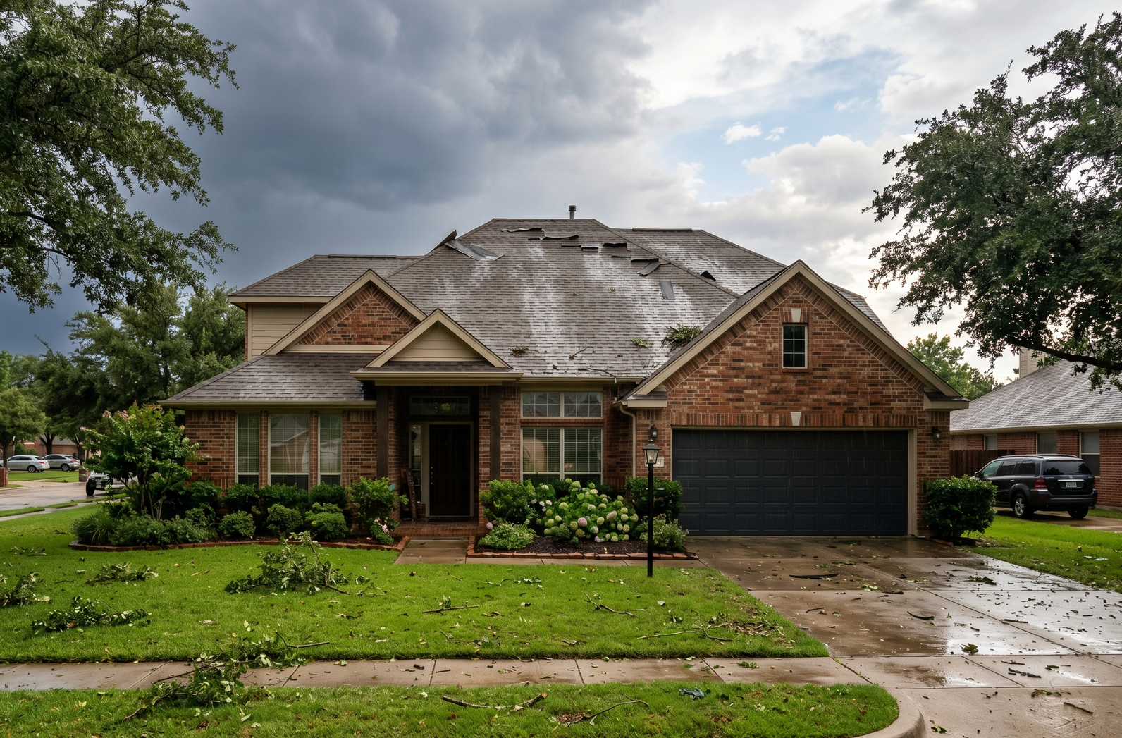 Brick house with dark garage door and wet lawn after rain under cloudy sky