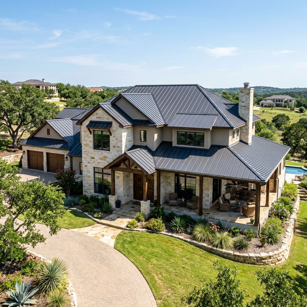 Large modern stone house with a dark metal roof, front porch, and landscaped yard under a blue sky