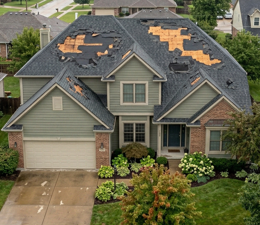 An aerial view of a two-story residential house with significant shingle damage on the roof, exposing the wood underneath.
