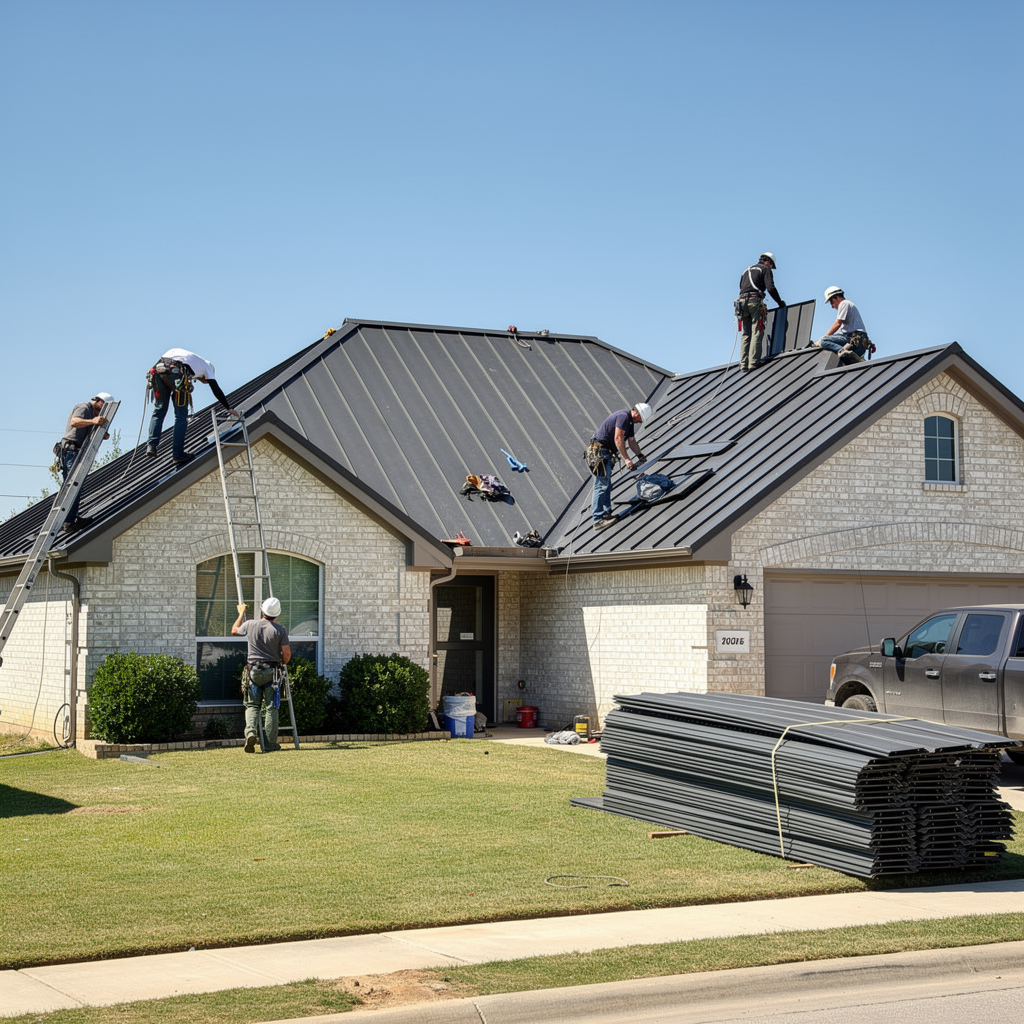Workers repairing a suburban house roof with stacked roofing materials in the front yard